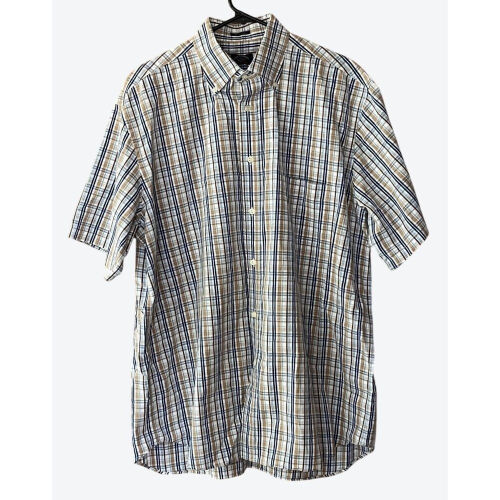 Paul & Shark Yachting Men's XL Short sleeve Plaid Shirt Brown White Blue Tan